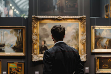 Art dealer examining painting in art gallery
