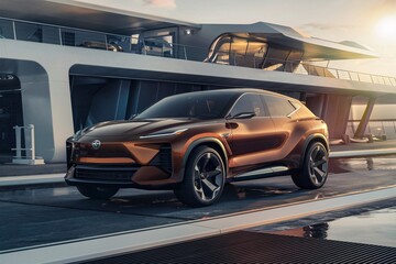 This is a brown, futuristic-looking SUV parked on a dock next to a large yacht.

