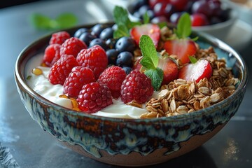 A healthy breakfast bowl with yogurt, granola, fresh berries, and a drizzle of honey. 