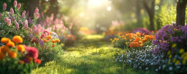 Sunlit garden with blooming marigolds