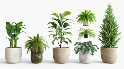 Obraz premium A collection of lush green houseplants in stylish pots, isolated on a transparent PNG background, ideal for minimalist interior design in a cozy bedroom or living room.