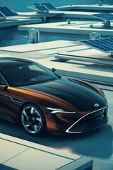 A sleek brown sports car is parked on a dock next to the ocean. The car has a black roof and black rims. The sky is cloudy.


