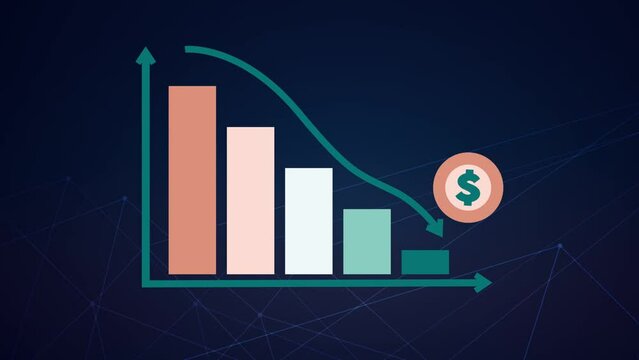 3D animation of going downward bar chart falling stock index Graph arrow showing fluctuate trend Tickers Changing Motion Background decline decrease losses