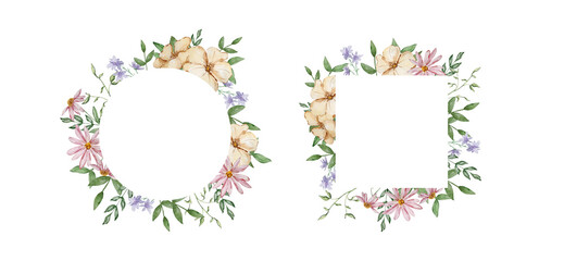 Frames with watercolor garden flowers and leaves set