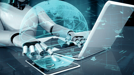 MLP 3d illustration Future financial technology controll by AI robot huminoid uses machine learning and artificial intelligence to analyze business data and give advice on investment and trading