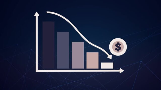 3D animation of going downward bar chart falling stock index Graph arrow showing fluctuate trend Tickers Changing Motion Background decline decrease losses