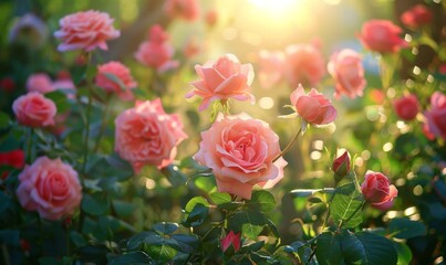 Sunlit garden with blooming roses