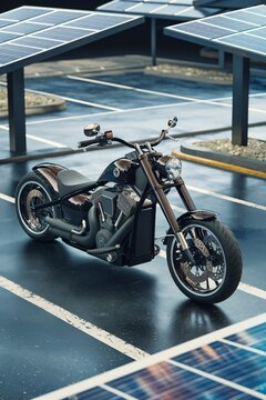 A black custom chopper-style motorcycle is parked on a rooftop parking lot with solar panels in the background.

