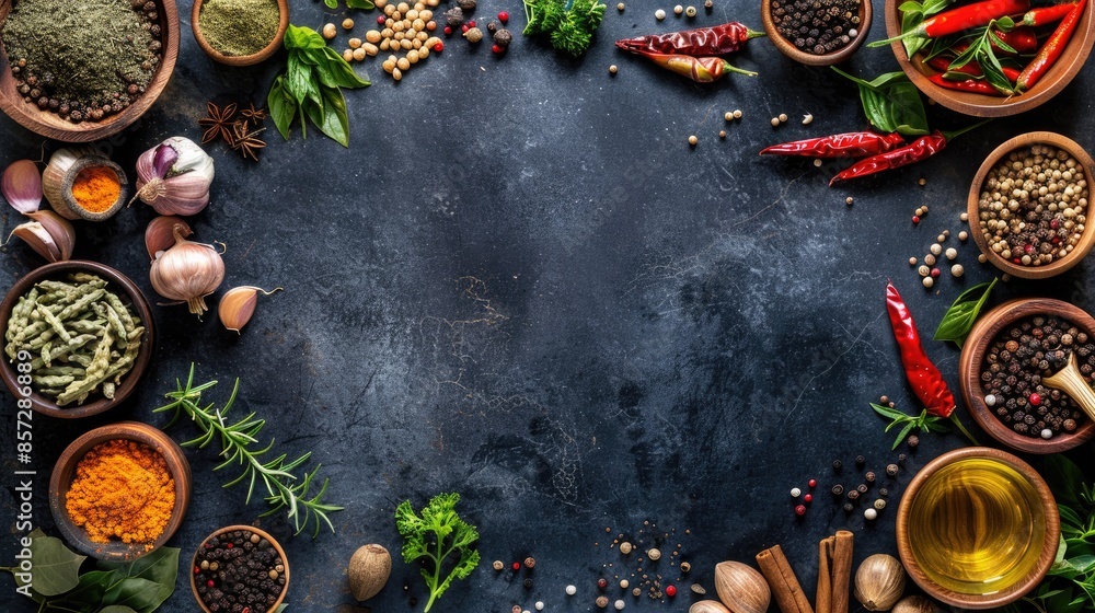 Poster top down view of various spices and herbs on a dark backdrop with extra space