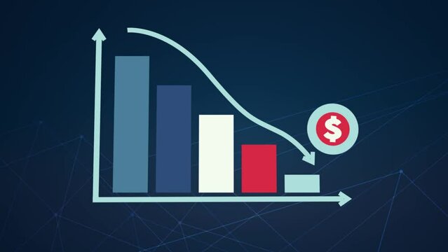 3D animation of going downward bar chart falling stock index Graph arrow showing fluctuate trend Tickers Changing Motion Background decline decrease losses