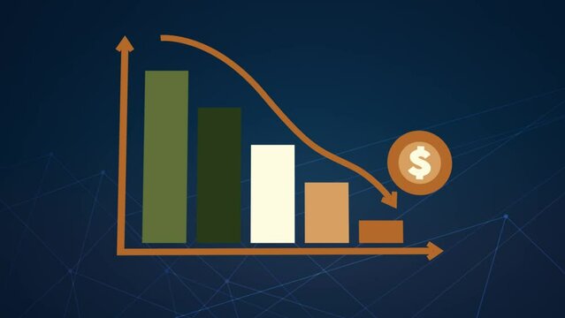 3D animation of going downward bar chart falling stock index Graph arrow showing fluctuate trend Tickers Changing Motion Background decline decrease losses