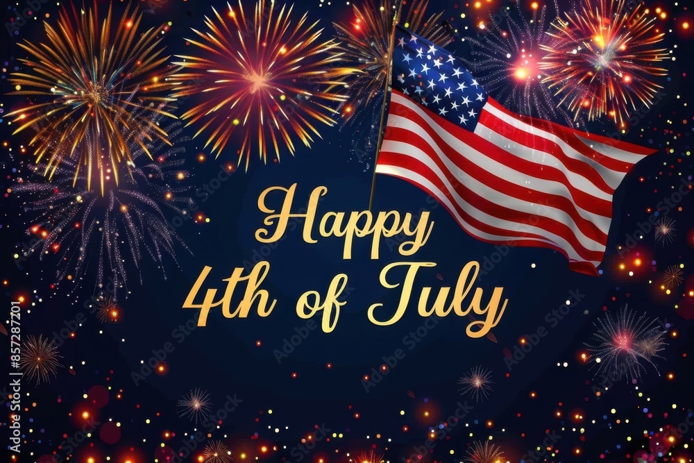 Poster a large american flag with fireworks in the background and text 