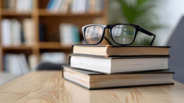 Financial literacy books and glasses on wooden table, calm home study room backdrop. 
