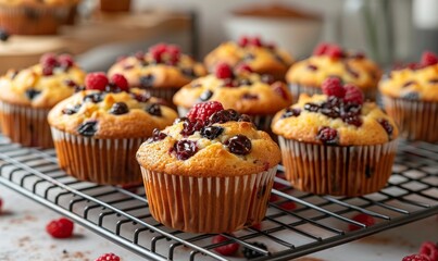 Freshly baked muffins cooling on a rack