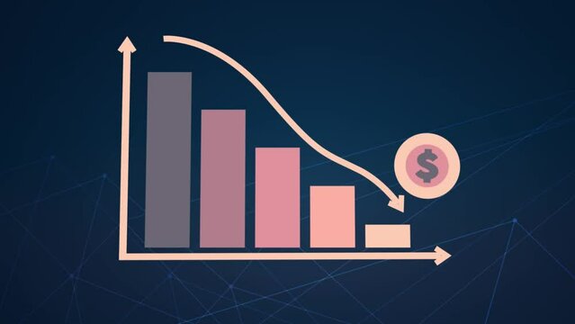 3D animation of going downward bar chart falling stock index Graph arrow showing fluctuate trend Tickers Changing Motion Background decline decrease losses
