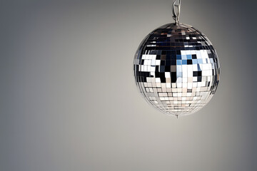Fototapeta premium A close-up image of a shiny disco ball hanging from a chain, with a backdrop of warm, blurred bokeh lights. The reflective surface of the disco ball creates a festive and vibrant atmosphere. 