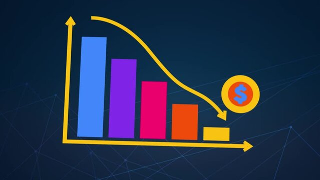 3D animation of going downward bar chart falling stock index Graph arrow showing fluctuate trend Tickers Changing Motion Background decline decrease losses