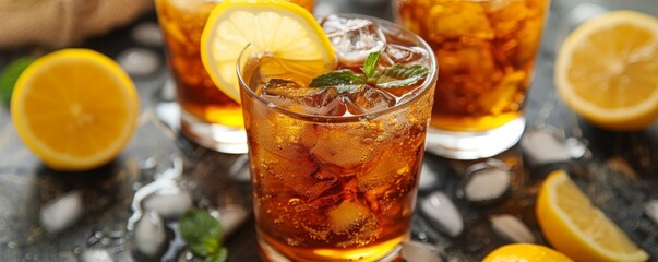 Refreshing iced tea with lemon slices