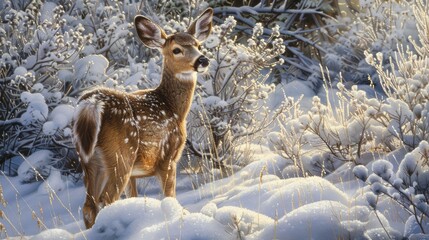 Fototapeta premium Mule deer fawn amidst snowy background near dense shrubbery