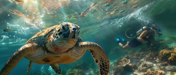 Fototapeta premium Diver observing a sea turtle, clear water, high-definition capture, detailed and majestic marine life, sense of connection and tranquility