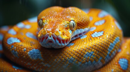 Fototapeta premium Close-up of a vibrant orange and white python with water droplets on its scales