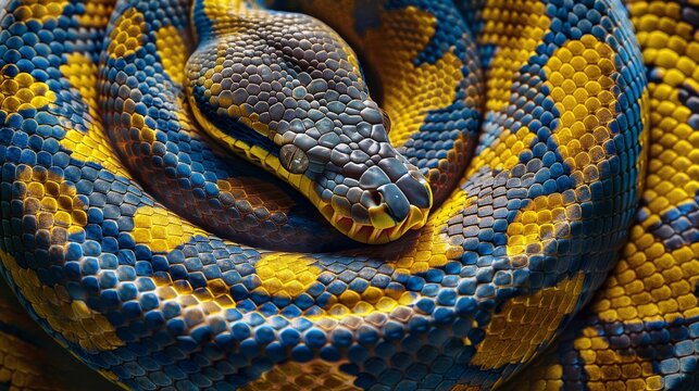 Close-up of a vibrant blue and yellow python coiled up