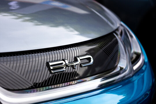 frankfurt, hesse, germany - 18 06 2024: a sign of an electric byd car