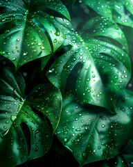 A lush green plant with droplets of water on its leaves. The droplets are scattered across the leaves, creating a sense of freshness and vitality