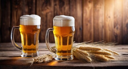Glasses of light beer with spikelets of barley on the wooden background.  Copy space for text