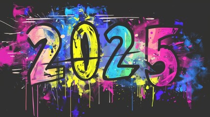A vibrant and colorful graffiti-style depiction of the year 2025