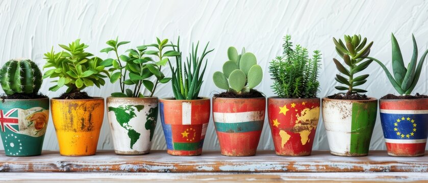 Diverse collection of plants in ceramic pots with world flags