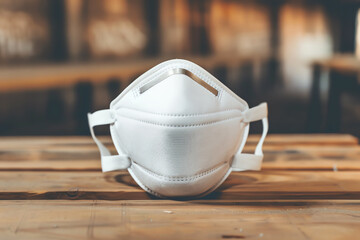 Closeup of a dust mask with adjustable straps, placed on a workbench, essential for respiratory protection in woodworking and construction