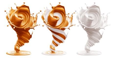 Set of milkshake tornadoes: caramel, mix of caramel and creamy milk made by stripes, milk, 3D illustration. The splashes fly away.
