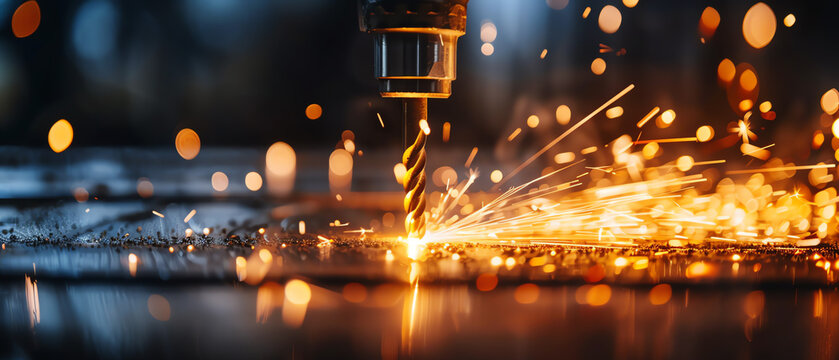 Closeup of a powerful electric drill in action, drilling into a wooden plank, showcasing precision and efficiency in construction