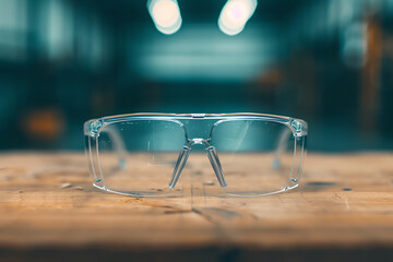 Closeup of clear safety glasses with antifog lenses, resting on a workbench, essential for eye protection in woodworking and construction