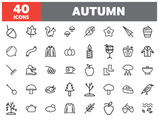 Set of 40 line icons autumn. Outline icon collection. Editable stroke. Vector illustration.