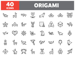 Set of 40 line icons origami. Outline icon collection. Editable stroke. Vector illustration.