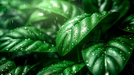 Fototapeta premium A lush green plant with droplets of water on its leaves. The droplets are scattered across the leaves, giving the plant a fresh and vibrant appearance. Concept of life and vitality