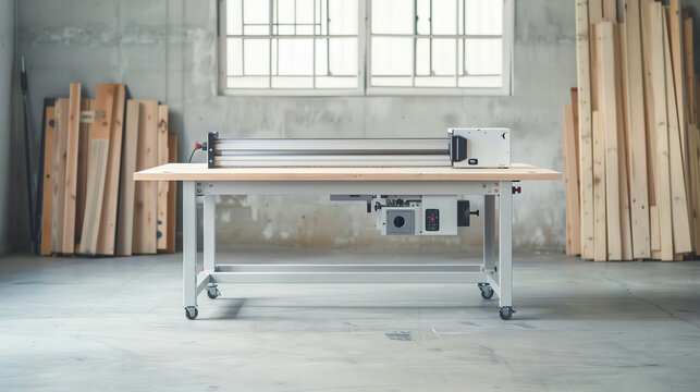 Highquality miter saw on a sturdy workbench, with adjustable settings and safety features, ideal for detailed woodworking and construction projects