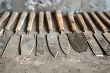Set of masonry trowels with various blade sizes, arranged neatly on a workbench, essential tools for detailed plastering and cement work