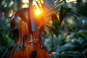 Summer garden with orchestra instruments detail, palm tree, chiaroscuro, sunset