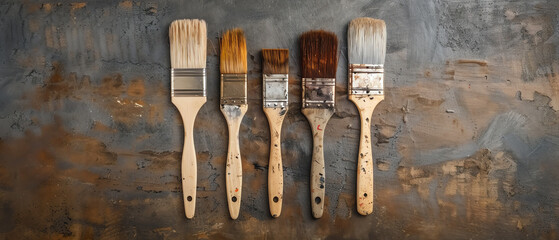 Vintage paintbrushes with worn handles and stained bristles, placed on a rustic table, showcasing the history and use in painting projects