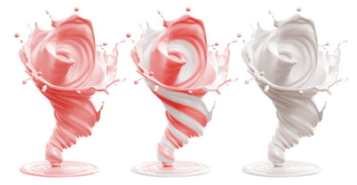 Set of milkshake tornadoes: strawberry, mix of berry and creamy made by stripes, milk, 3D illustration. The splashes fly away.