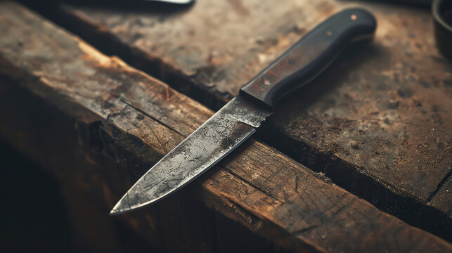 Vintage utility knife with a worn handle and replaceable blades, placed on a rustic workbench, representing reliability and craftsmanship