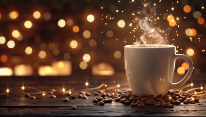 Fototapeta premium A steaming cup of coffee sits on a wooden table with coffee beans and string lights. The background is blurry and features warm, glowing lights
