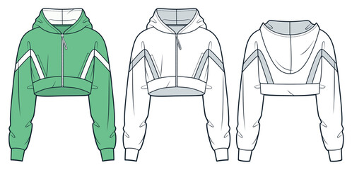 Crop Hoodie technical fashion illustration. Zipped Hood Sweatshirt fashion flat technical drawing template, oversize, front and back view, white, green, women, men, unisex Sportswear CAD mockup set. © Liubov Hladka