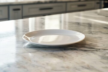 Close-up shot of a white saucer on a veined surface