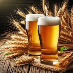 Glasses of light beer with spikelets of barley on the wooden background.  Copy space for text