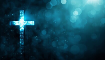 A blurry dark blue background with white glowing cross on the left side
