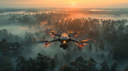 Fototapeta premium Drone flying over foggy forest during sunrise